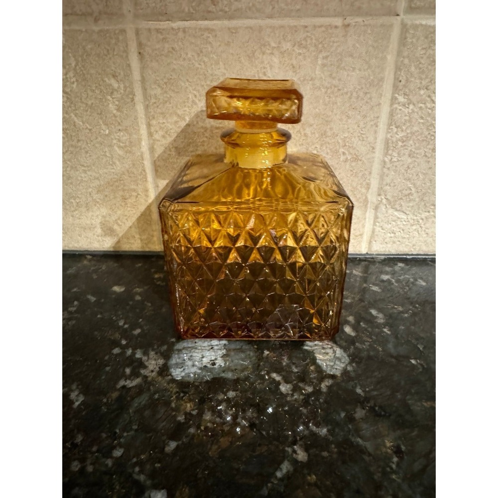 Vintage MCM Amber Glass Decanter w/Stopper Square Diamond Point 16 Oz Japan A
